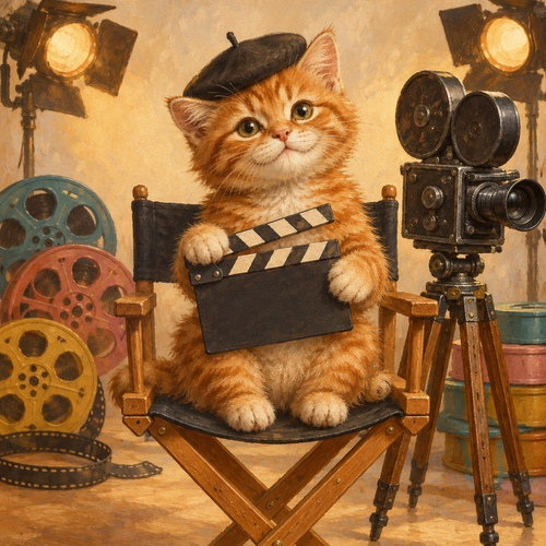 A kitten director in a tiny beret holding a film clapperboard